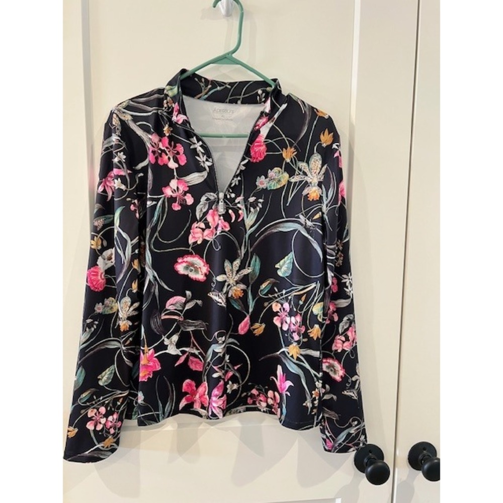 Acegolfs Womens XL Floral Quarter Zip Golf Top Long Sleeve Black Botanical Print